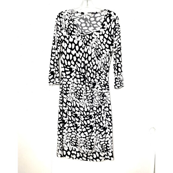 Calvin Klein Sheath Dress Size 12 Black White Animal Print Ruched 3/4 Sleeve - Picture 1 of 13